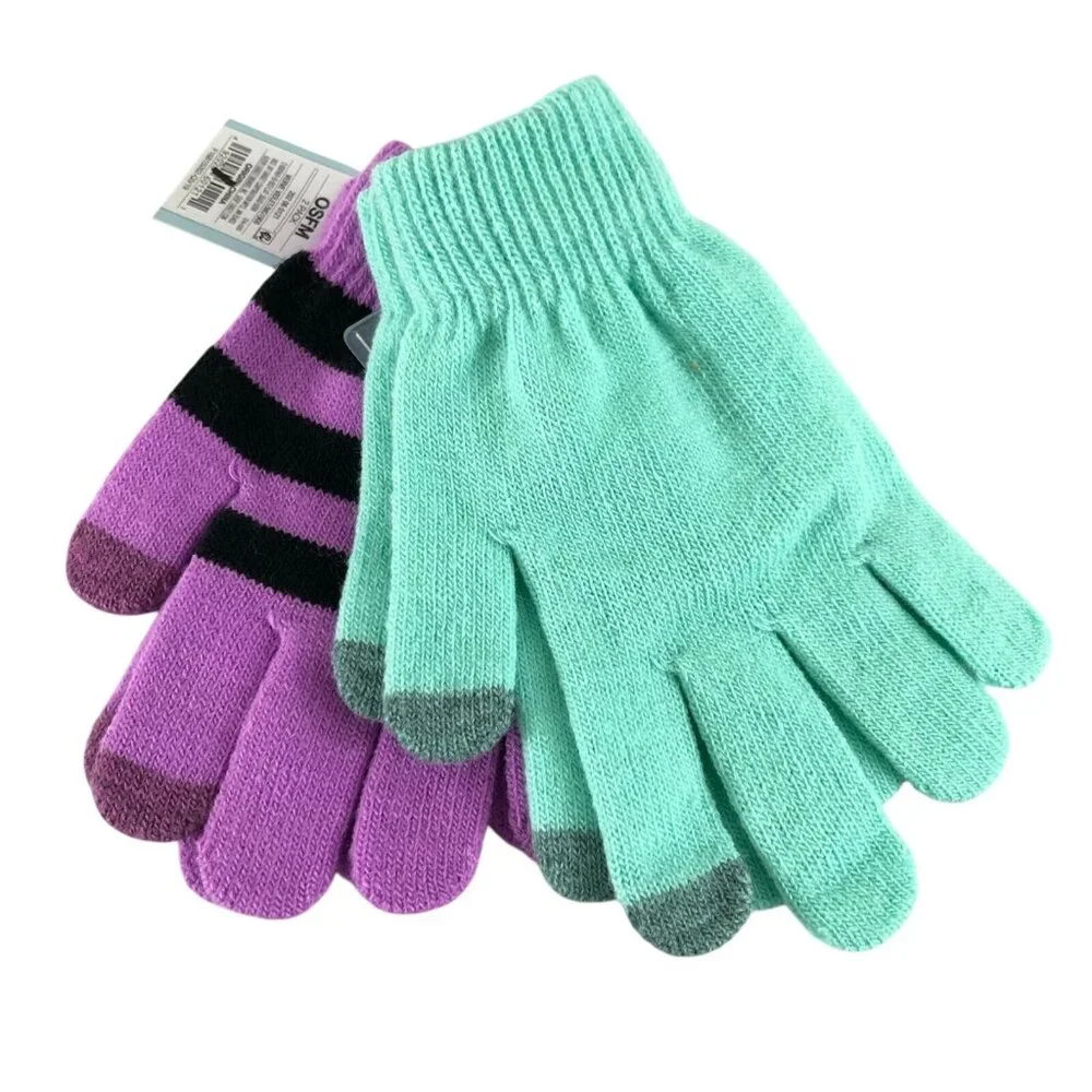 Cat & Jack Girls Gloves Knit Touch Screen 2 Pair Striped Purple Green One Size